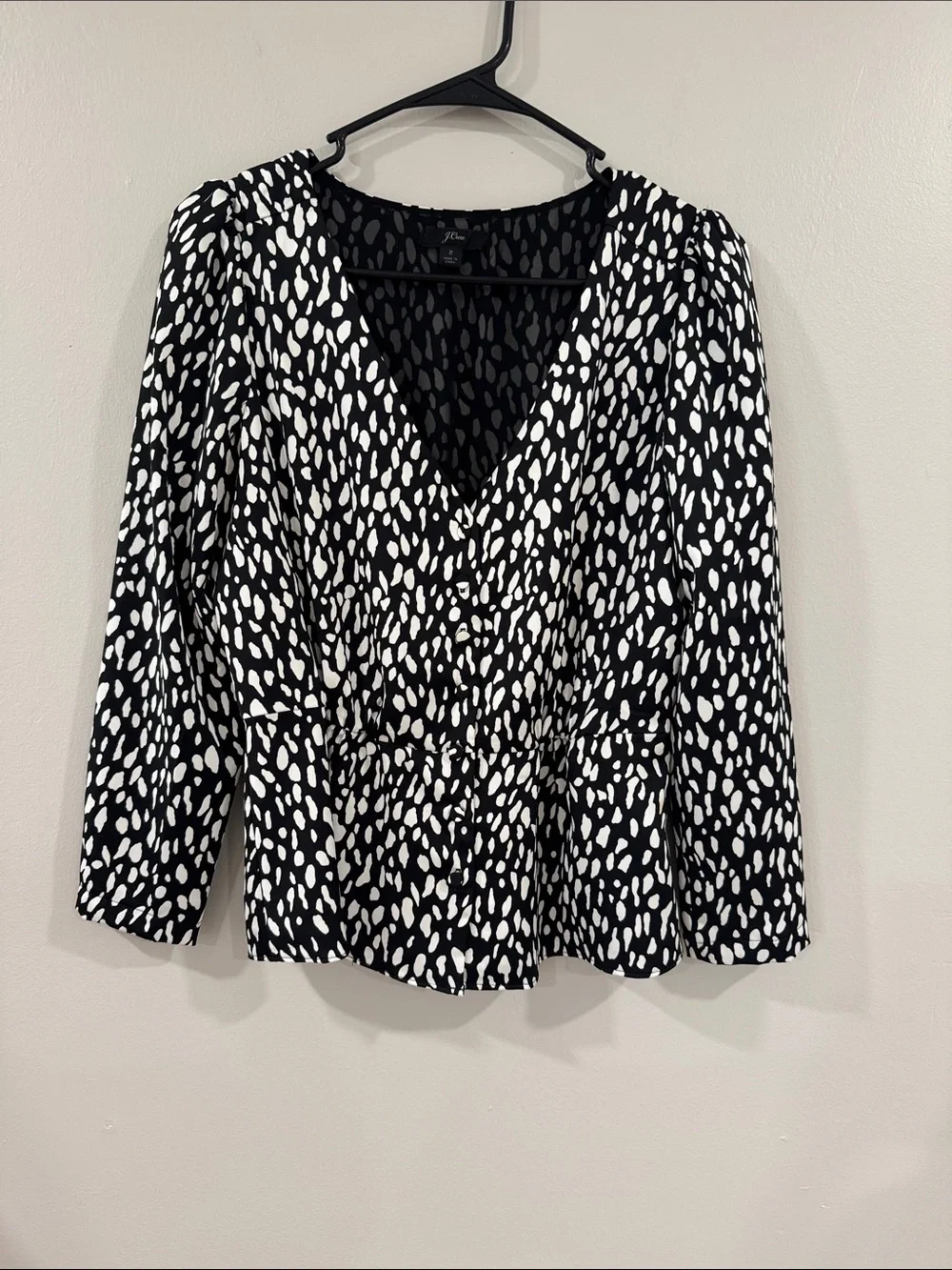 J. Crew Black and White V-Neck Printed button down peplum Blouse